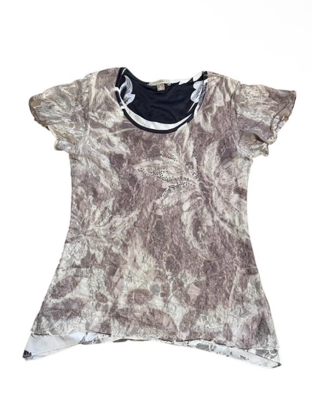 Y2K Roz & Ali Taupe Floral Lace-Overlay Short Sleeve Top Women’s Size S